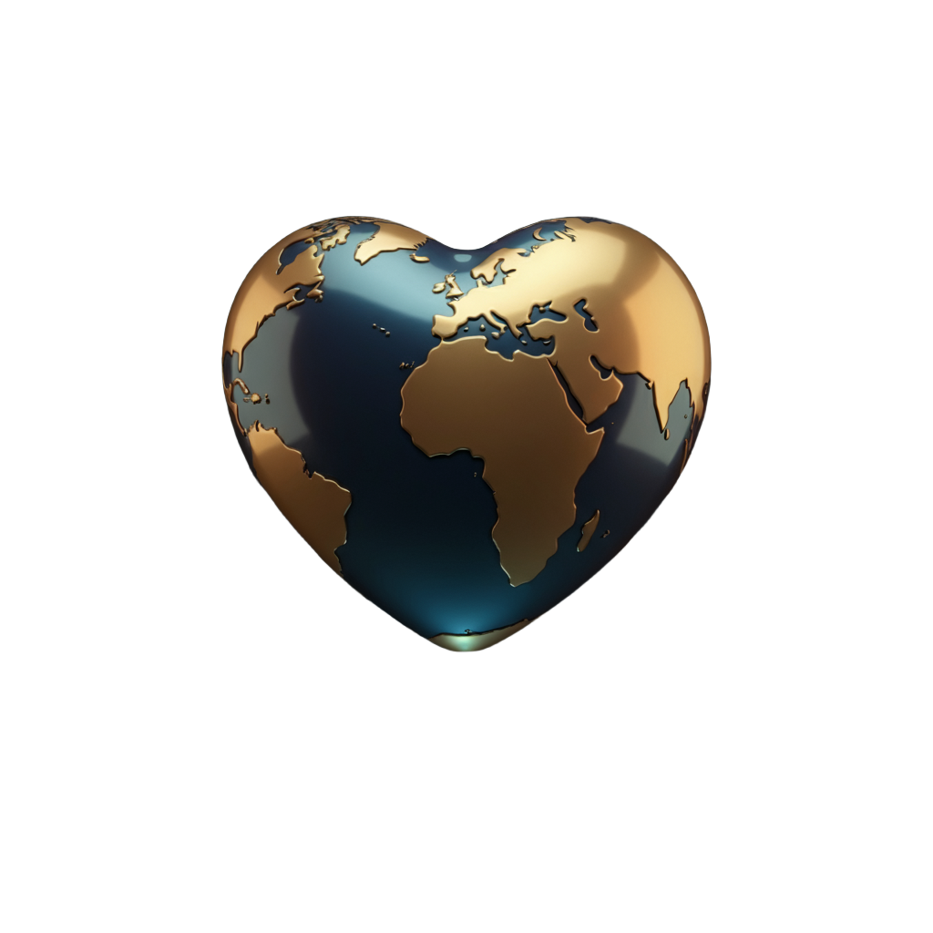 A heart-shaped globe with visible continents, symbolising global reach blended with compassionate local care. Global Presence, Local Heart — Northcrest Healthcare Icon.