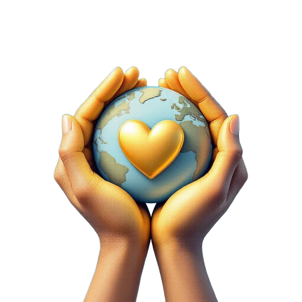 Two caring hands gently cradling a globe with a heart at its center, symbolising safety and global care. Trusted Care, Everywhere — Northcrest Healthcare Icon.